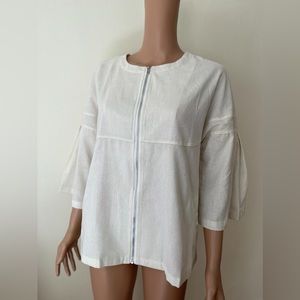 White Lightweight cardigan collarless foiled linen trench coat jacket shirt top